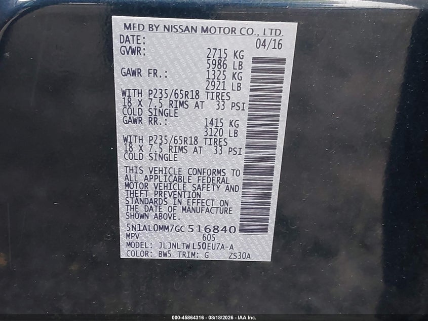 INFINITI QX60 2016 VIN 5N1AL0MM7GC516840