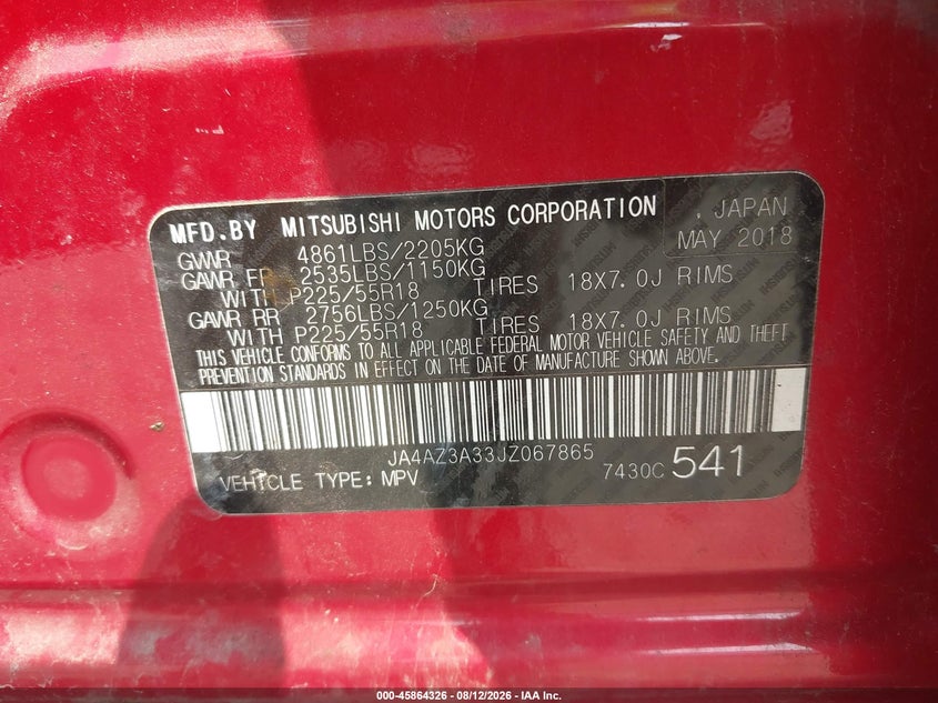 MITSUBISHI OUTLANDER 2018 VIN JA4AZ3A33JZ067865