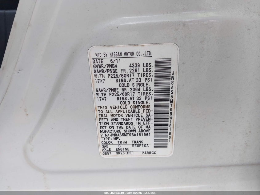 NISSAN ROGUE 2011 VIN JN8AS5MT9BW181961