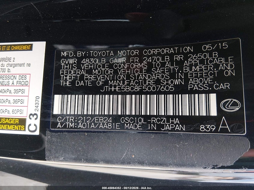 LEXUS RC 350 2015 VIN JTHHE5BC8F5007605