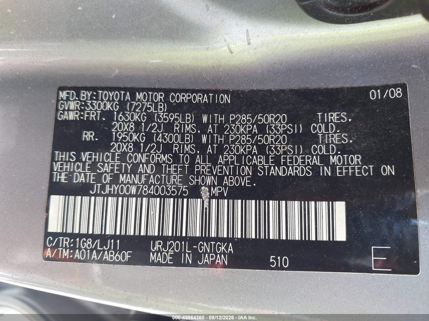 LEXUS LX 570 2008 VIN JTJHY00W784003575
