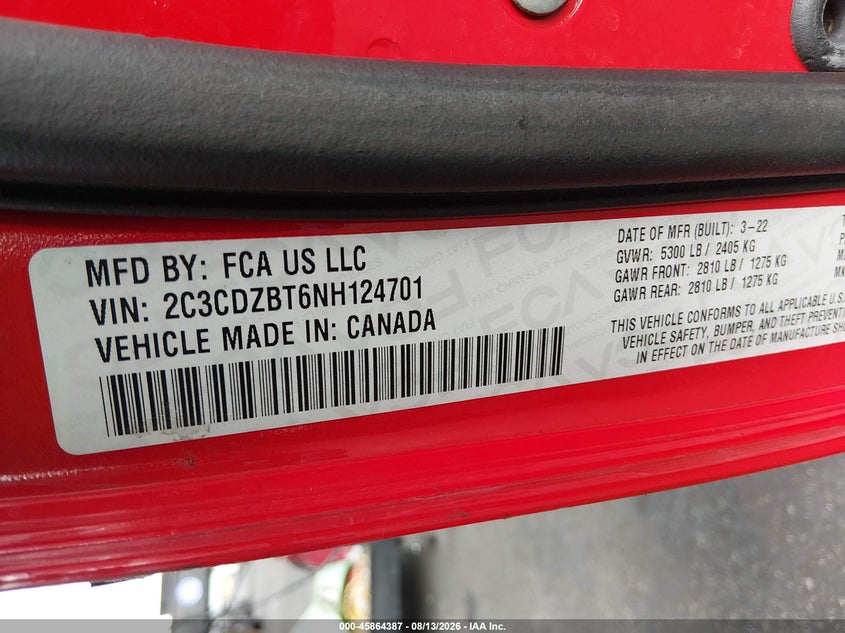 DODGE CHALLENGER 2022 VIN 2C3CDZBT6NH124701