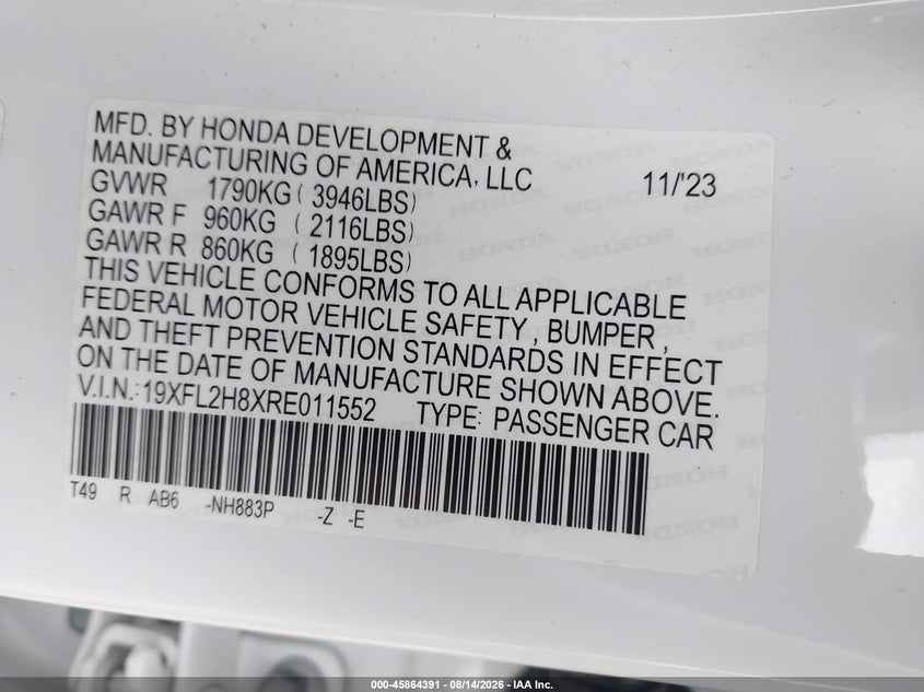 HONDA CIVIC 2024 VIN 19XFL2H8XRE011552