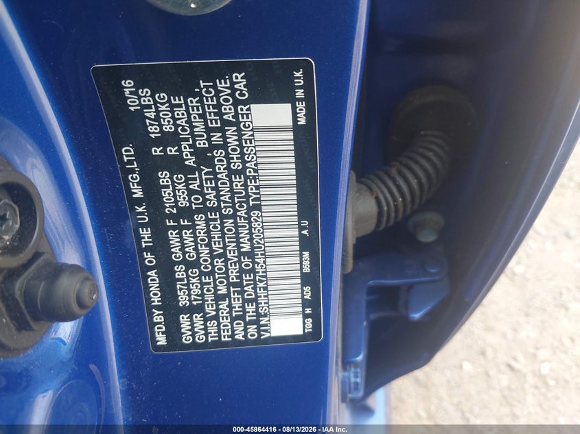 HONDA CIVIC 2017 VIN SHHFK7H54HU205829