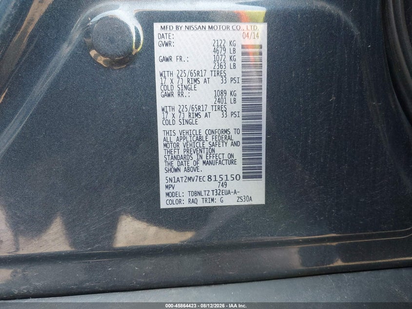 NISSAN ROGUE 2014 VIN 5N1AT2MV7EC815150