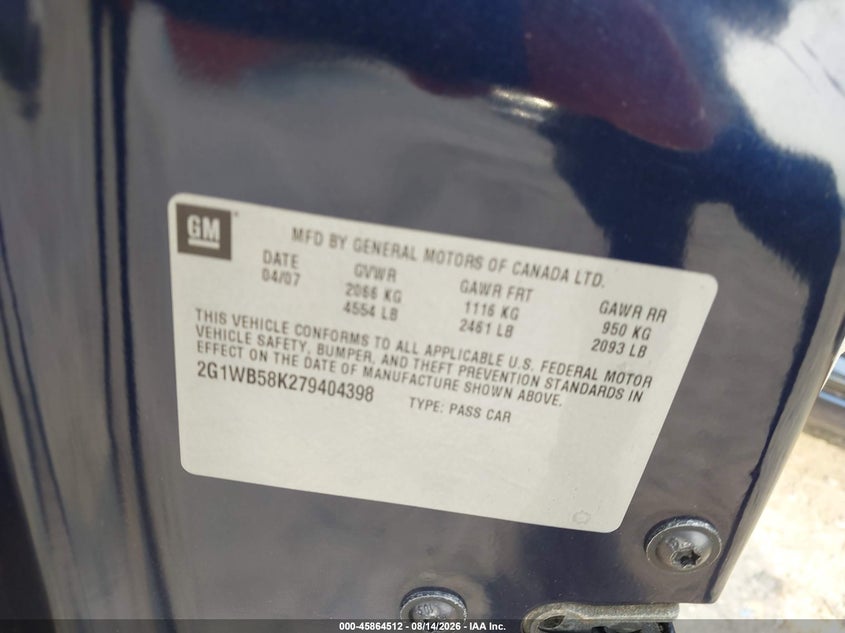 CHEVROLET IMPALA 2007 VIN 2G1WB58K279404398
