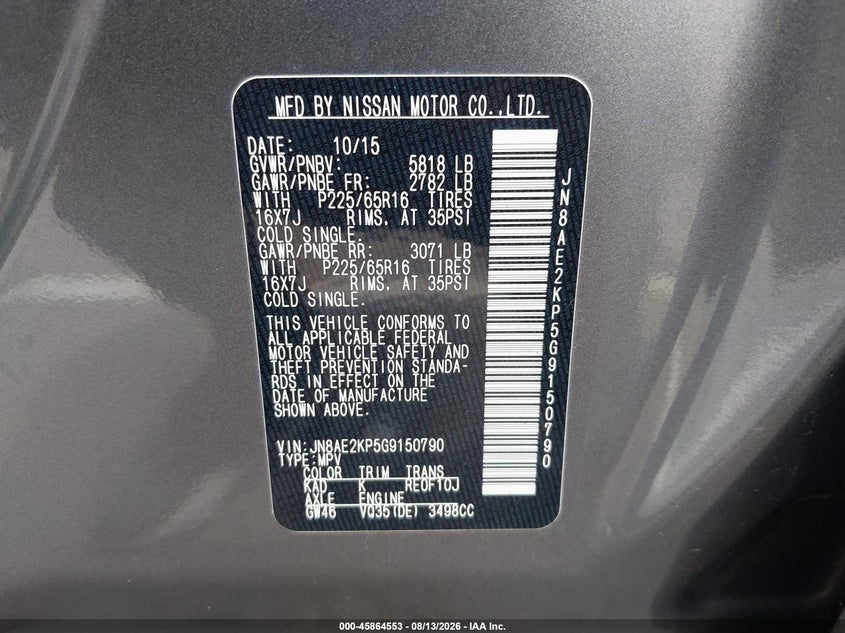NISSAN QUEST 2016 VIN JN8AE2KP5G9150790