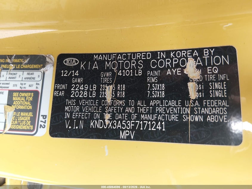 KIA SOUL 2015 VIN KNDJX3A53F7171241
