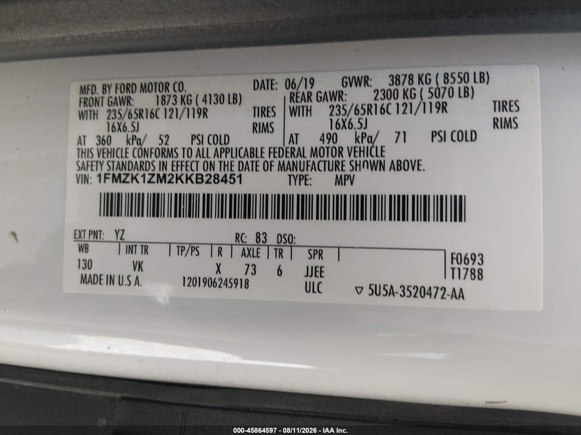 FORD TRANSIT-150 2019 VIN 1FMZK1ZM2KKB28451