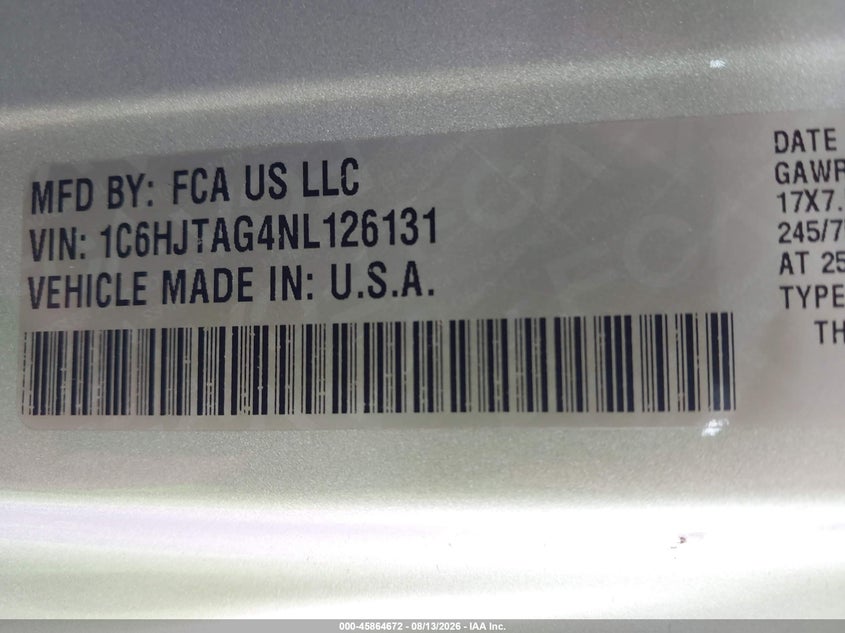 JEEP GLADIATOR 2022 VIN 1C6HJTAG4NL126131