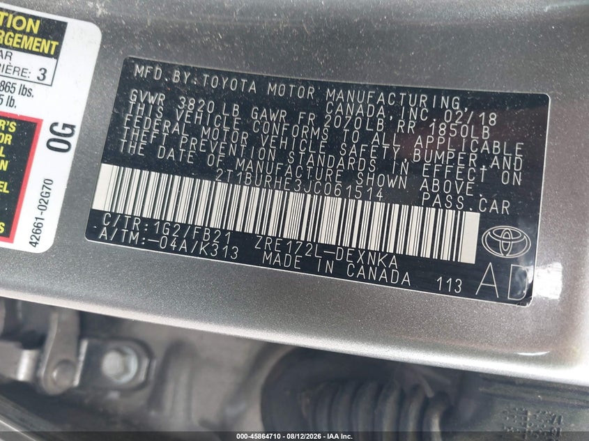 TOYOTA COROLLA 2018 VIN 2T1BURHE3JC061514