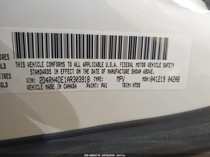 DODGE GRAND CARAVAN 2010 VIN 2D4RN4DE1AR303918