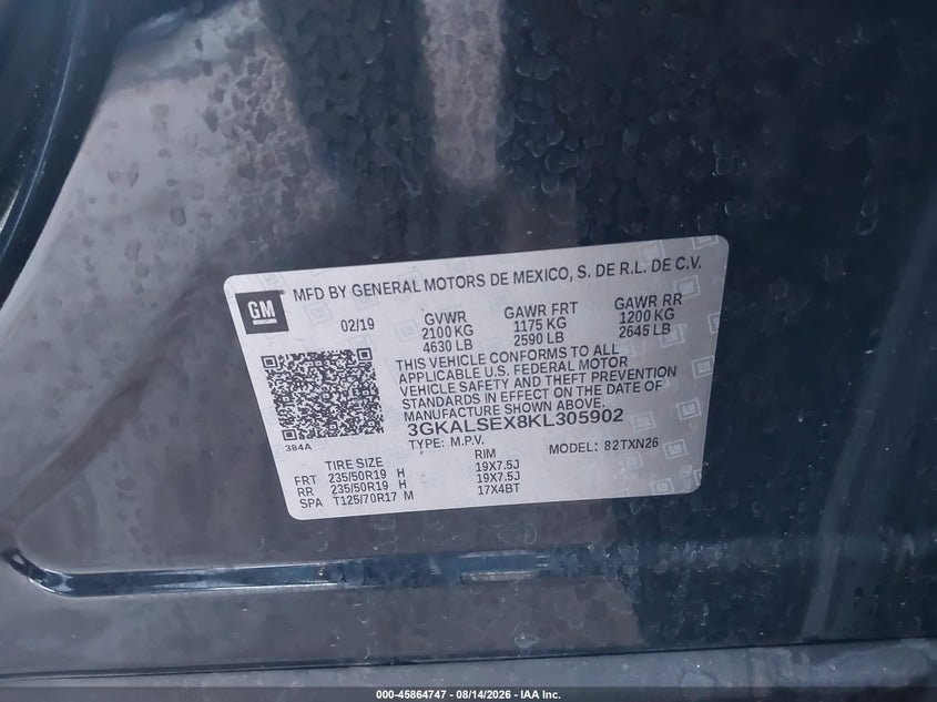 GMC TERRAIN 2019 VIN 3GKALSEX8KL305902