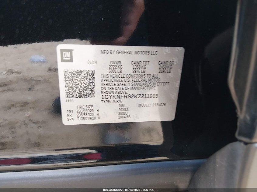 CADILLAC XT5 2019 VIN 1GYKNFRS2KZ211985