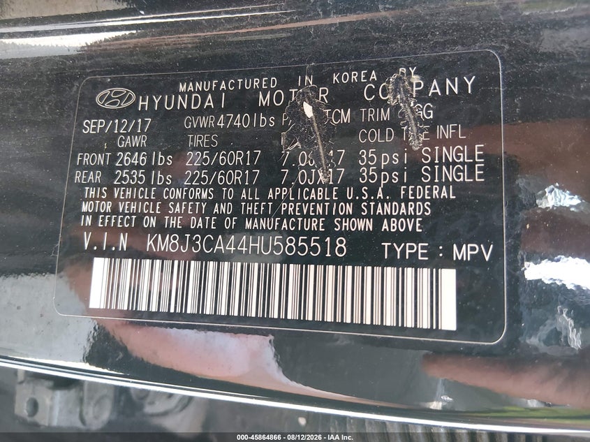 HYUNDAI TUCSON 2017 VIN KM8J3CA44HU585518