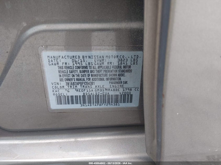 NISSAN SENTRA 2015 VIN 3N1AB7AP8FY294381