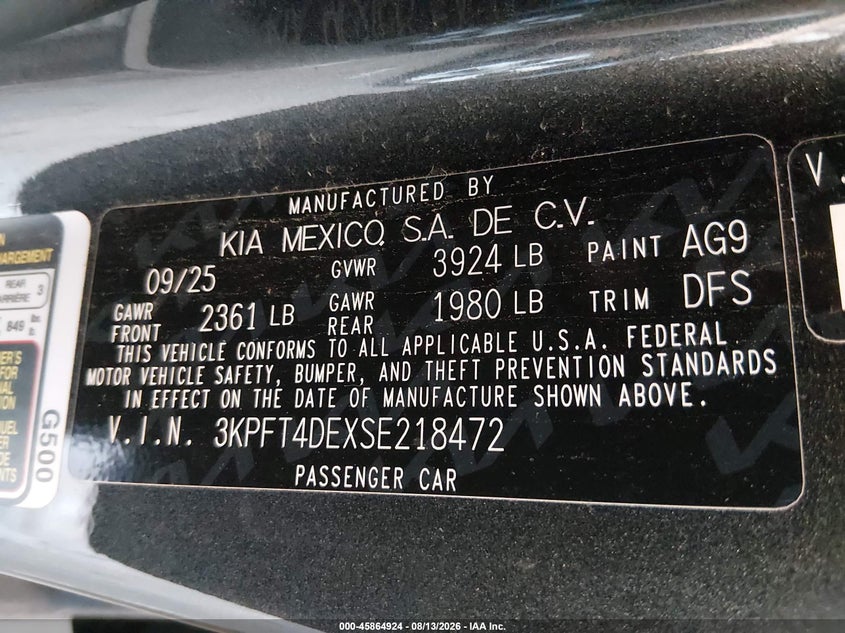 KIA K4 2025 VIN 3KPFT4DEXSE218472