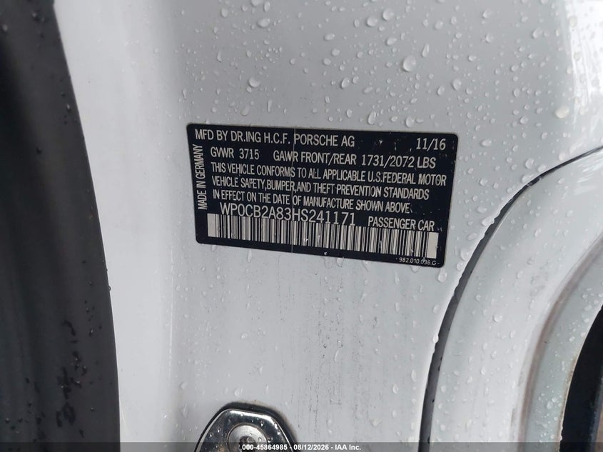 2017 PORSCHE 718 BOXSTER CABRIO 2.5L H-4 DI, DOHC, VVT, TURBO, 350HP
