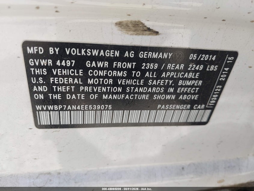 VOLKSWAGEN CC 2014 VIN WVWBP7AN4EE539075
