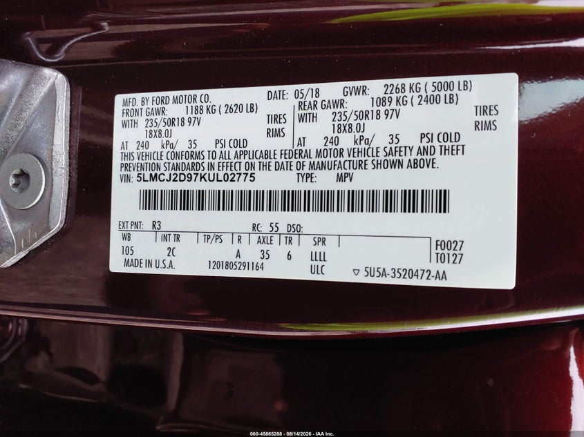 2019 LINCOLN MKC SPORT UTILITY VEHICLE 2.0L I-4 DI, DOHC, VVT, TURBO, 245HP