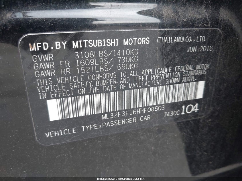 2017 MITSUBISHI MIRAGE SEDAN 1.2L I-3 DOHC, VVT, 78HP