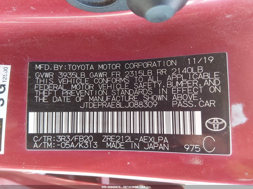 TOYOTA COROLLA 2020 VIN JTDEPRAE8LJ088309