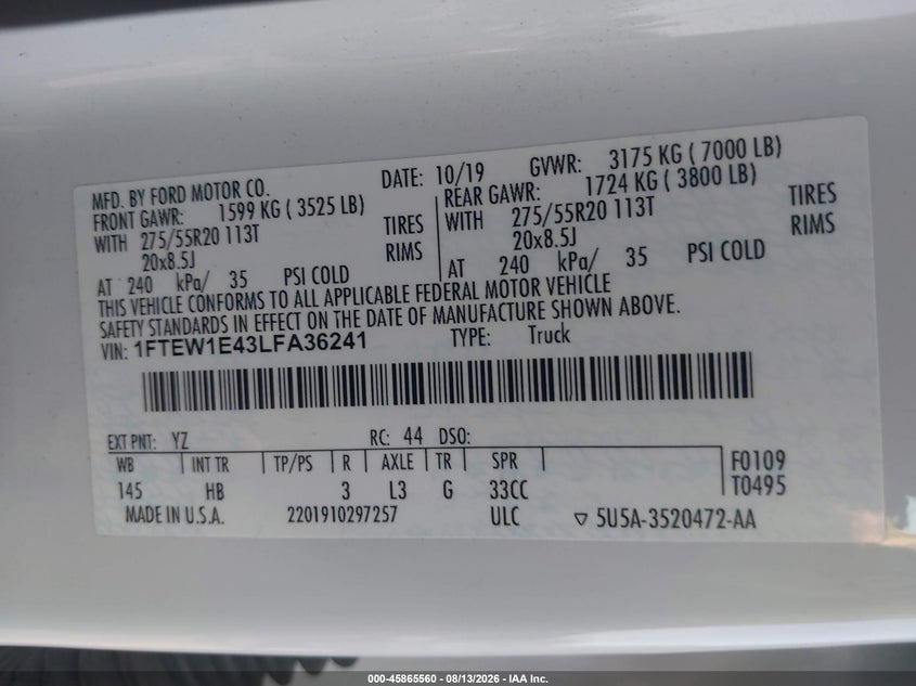 FORD F-150 2020 VIN 1FTEW1E43LFA36241