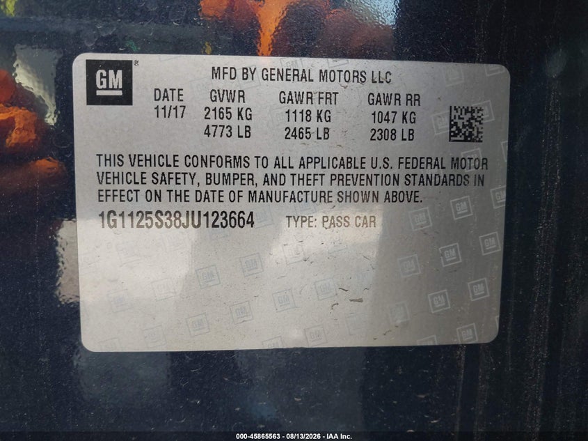 CHEVROLET IMPALA 2018 VIN 1G1125S38JU123664