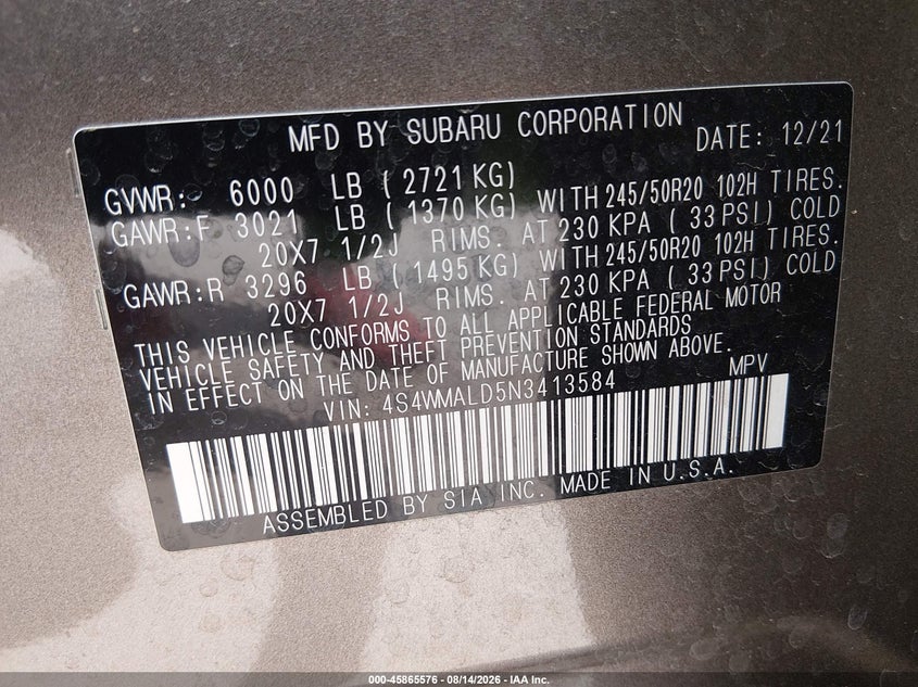 SUBARU ASCENT 2022 VIN 4S4WMALD5N3413584
