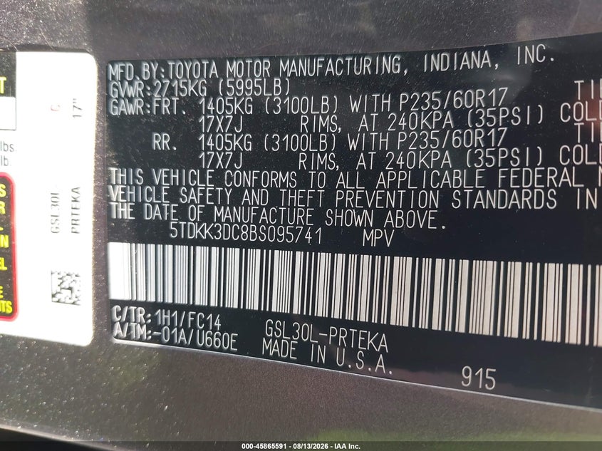 2011 TOYOTA SIENNA VAN 3.5L V-6 DOHC, VVT, 265HP