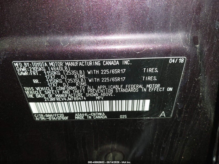 2018 TOYOTA RAV 4 SPORT UTILITY VEHICLE 2.5L I-4 DOHC, VVT, 176HP