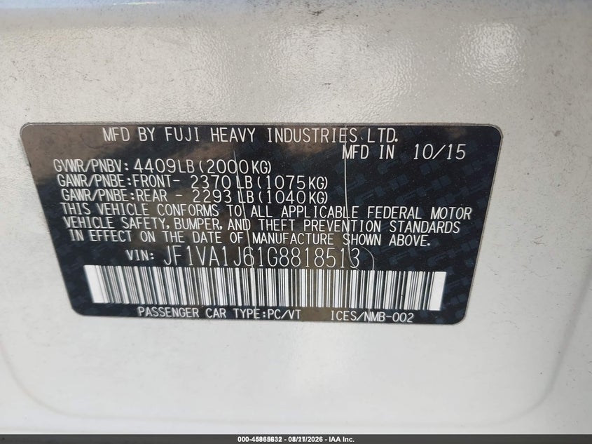SUBARU WRX 2016 VIN JF1VA1J61G8818513