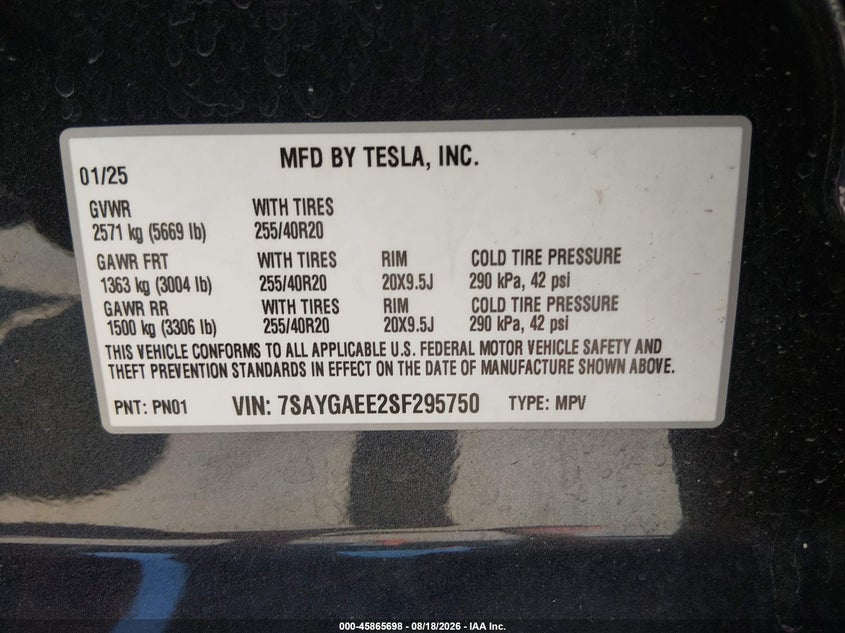 TESLA MODEL Y 2025 VIN 7SAYGAEE2SF295750
