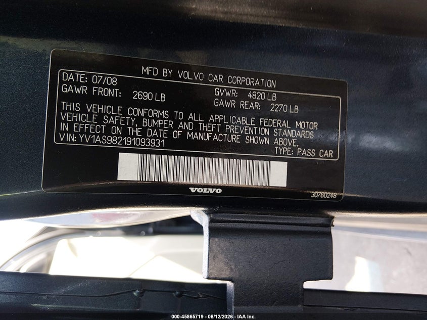 VOLVO S80 2009 VIN YV1AS982191093931