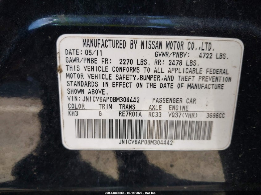 INFINITI G37 2011 VIN JN1CV6AP0BM304442