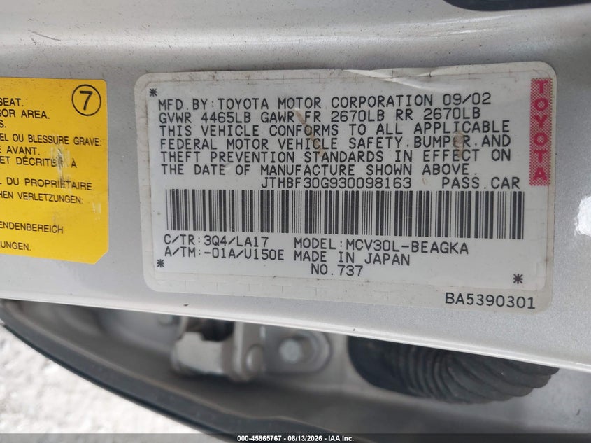 2003 LEXUS ES SEDAN 3.0L V-6 DOHC, VVT, 210HP