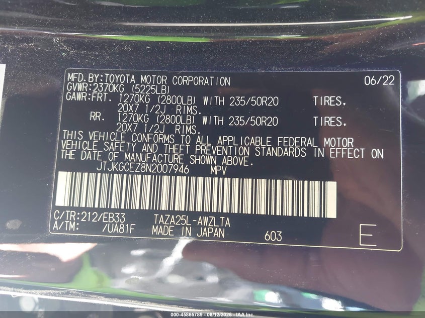 LEXUS NX 350 2022 VIN JTJKGCEZ8N2007946