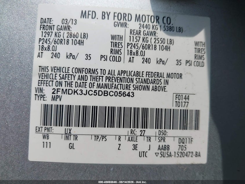 FORD EDGE 2013 VIN 2FMDK3JC5DBC05643