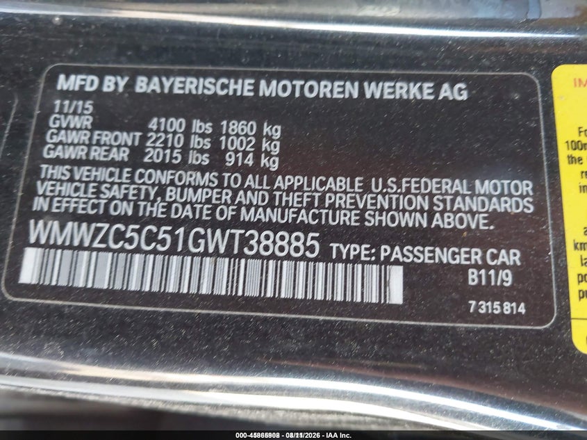 MINI COUNTRYMAN 2016 VIN WMWZC5C51GWT38885