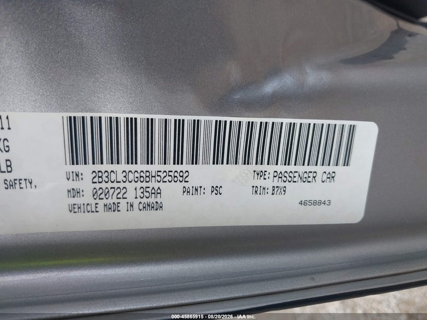 DODGE CHARGER 2011 VIN 2B3CL3CG6BH525692