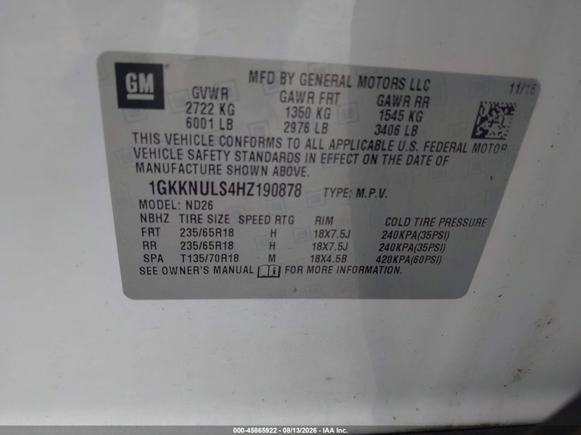 GMC ACADIA 2017 VIN 1GKKNULS4HZ190878