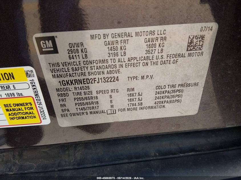 GMC ACADIA 2015 VIN 1GKKRNED2FJ132224