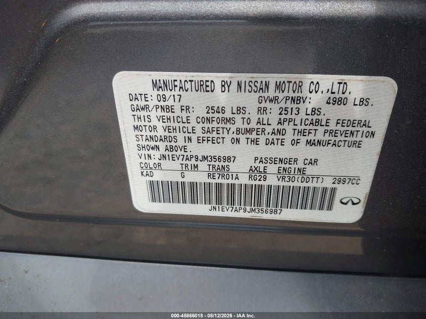 INFINITI Q50 2018 VIN JN1EV7AP9JM356987