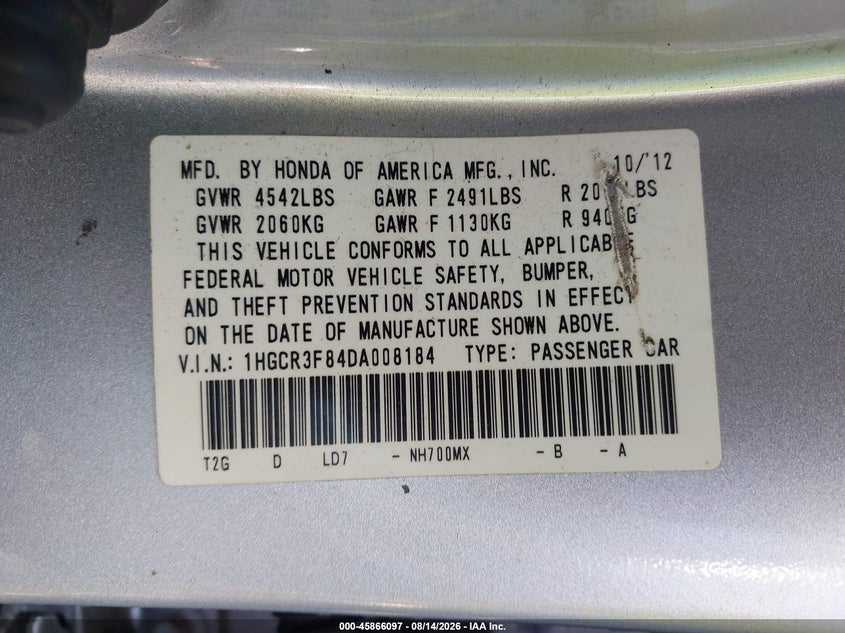 HONDA ACCORD 2013 VIN 1HGCR3F84DA008184