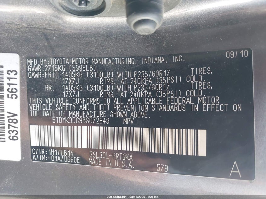 2011 TOYOTA SIENNA VAN 3.5L V-6 DOHC, VVT, 265HP
