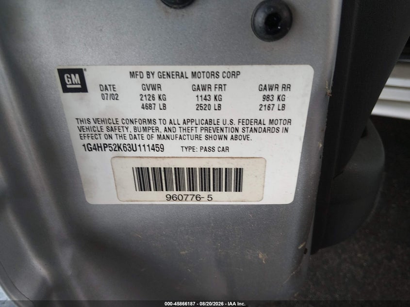 BUICK LESABRE 2003 VIN 1G4HP52K63U111459