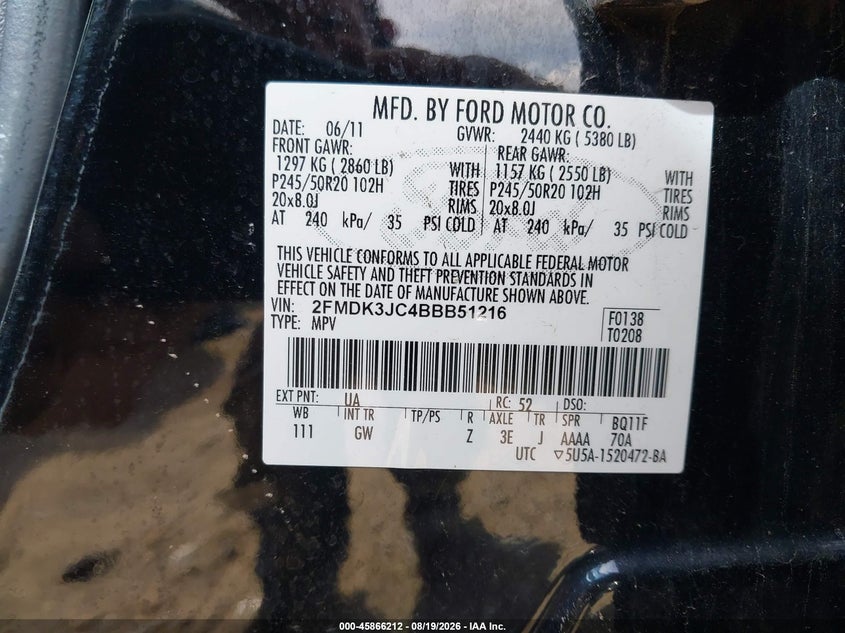 FORD EDGE 2011 VIN 2FMDK3JC4BBB51216
