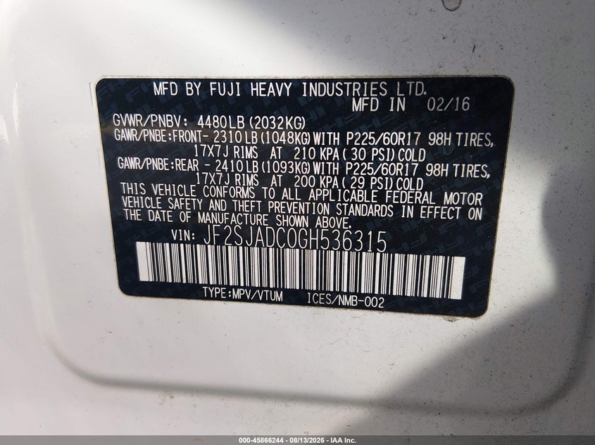 2016 SUBARU FORESTER SPORT UTILITY VEHICLE 2.5L H-4 DOHC, VVT, 170HP