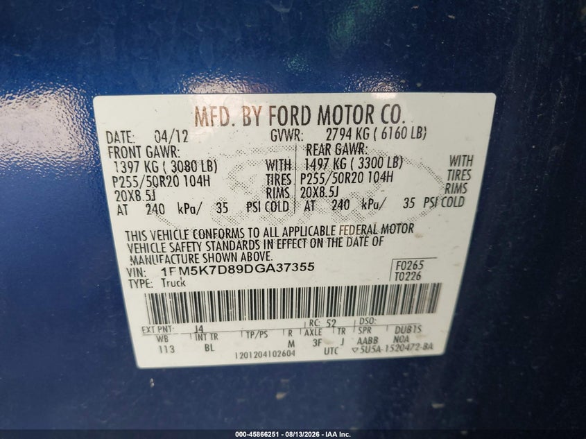 FORD EXPLORER 2013 VIN 1FM5K7D89DGA37355