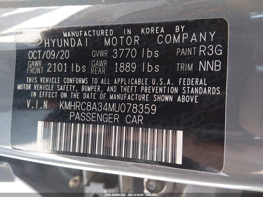 HYUNDAI VENUE 2021 VIN KMHRC8A34MU078359